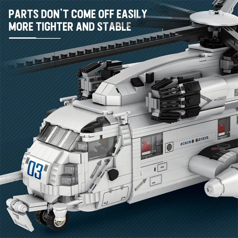 Model helicopter with text on a blue background