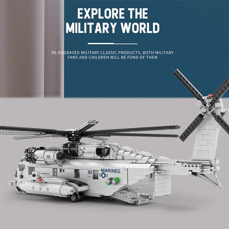 Model helicopter with 'Marines' branding on a gray surface, promotional text about military products in the background.
