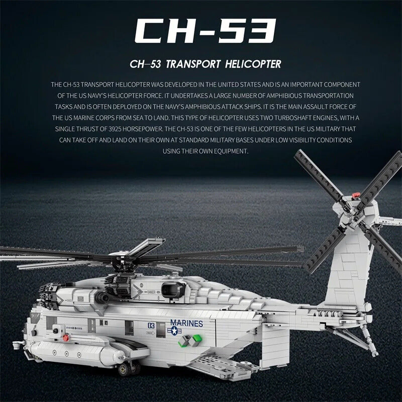 Model of a CH-53 transport helicopter with text about the helicopter on a dark background