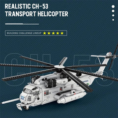 Model of a CH-53 transport helicopter on a blue background with text indicating it's a building challenge lineup.