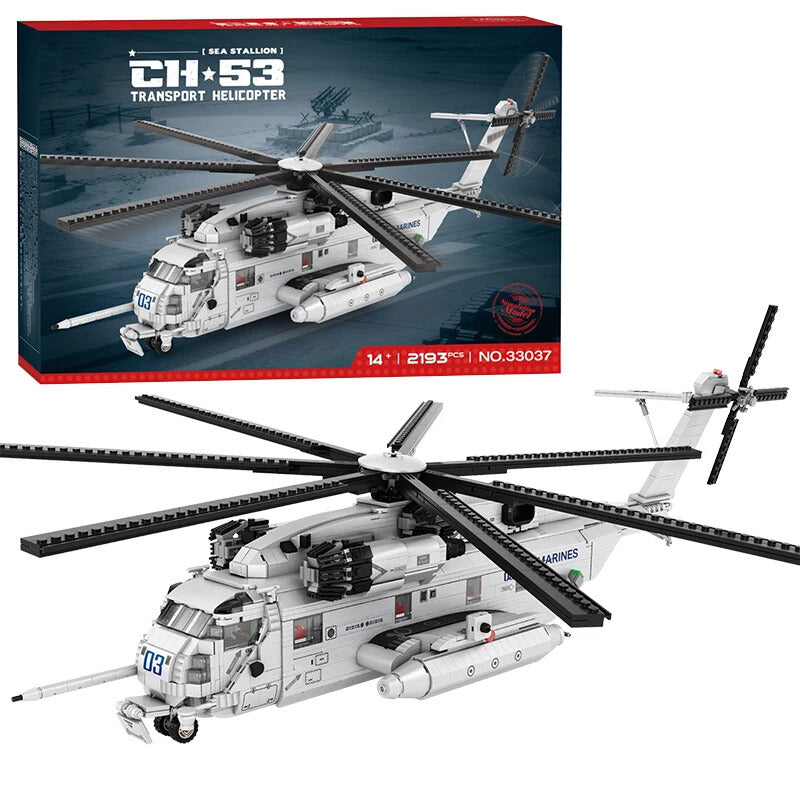 Toy helicopter set with CH-53 Transport Helicopter packaging in the background