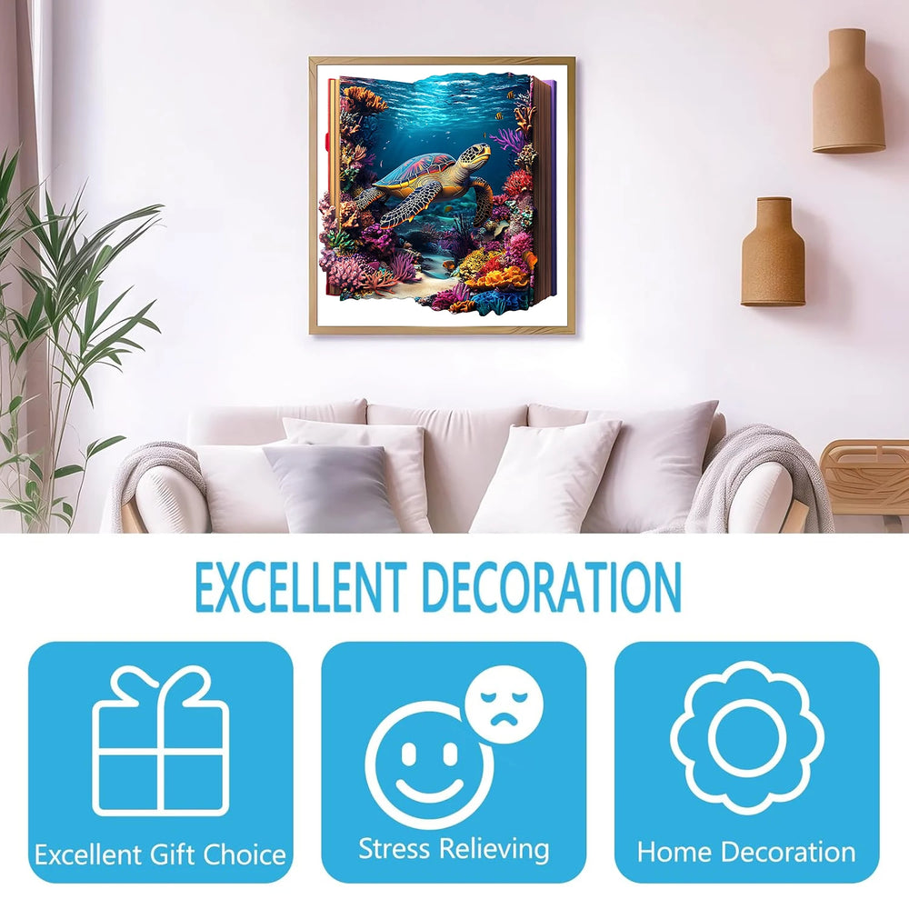 Living room with a framed underwater scene of a turtle and coral, decorative vases, and plants.