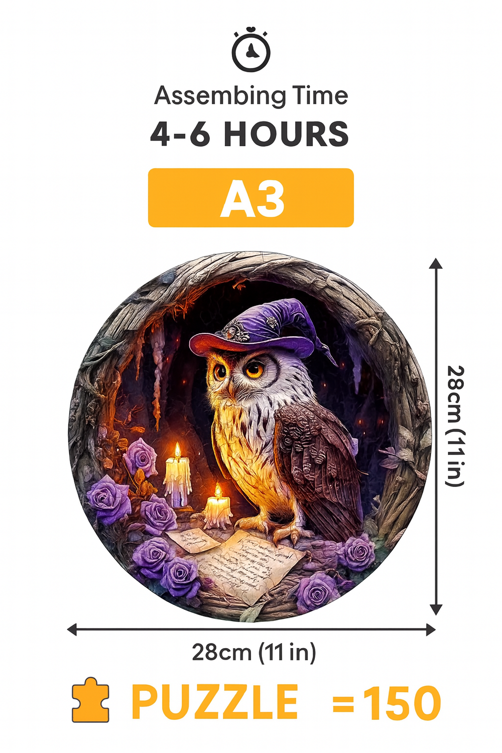 Completed 150-piece round wooden owl puzzle displayed as fantasy art decor.