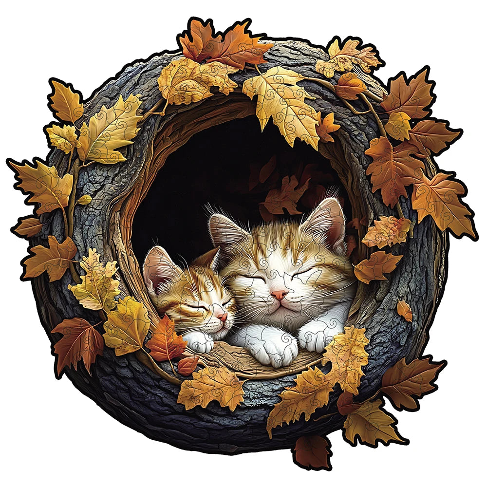 Cozy kittens sleeping inside a tree hollow surrounded by autumn leaves 3D puzzle