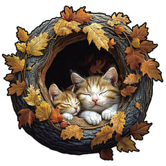 Cozy kittens sleeping inside a tree hollow surrounded by autumn leaves 3D puzzle