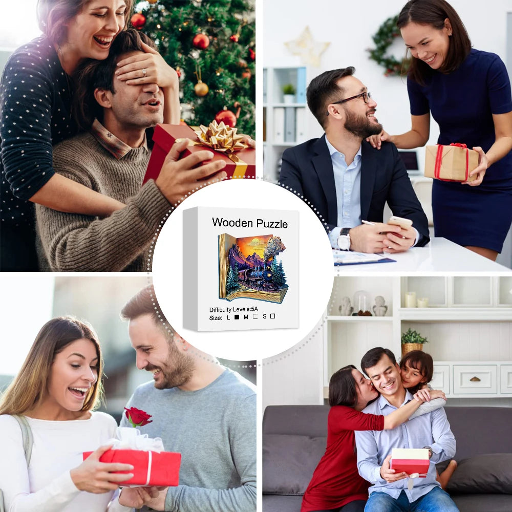 Collage of people exchanging gifts with a wooden puzzle box in the center.
