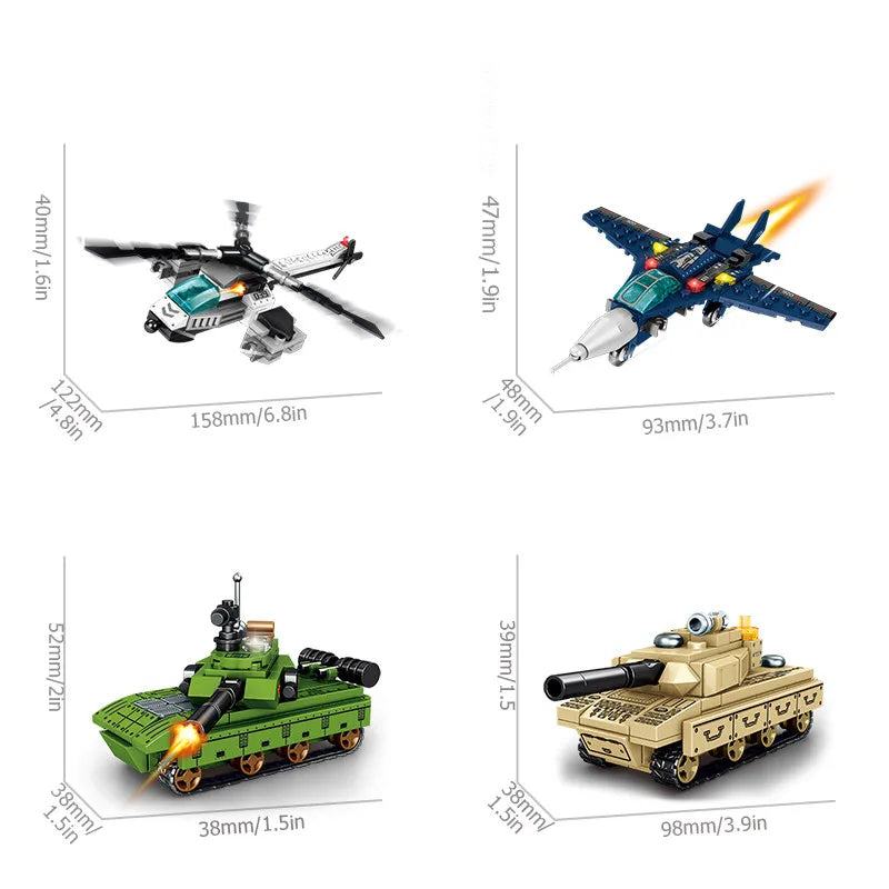 Toy models of a helicopter, airplane, and tanks with measurements on a white background