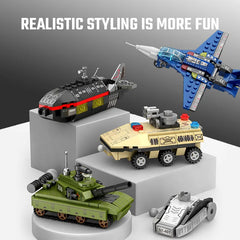 Toy vehicles including a tank, airplane, and other models on a gray background with text 'Realistic styling is more fun'.