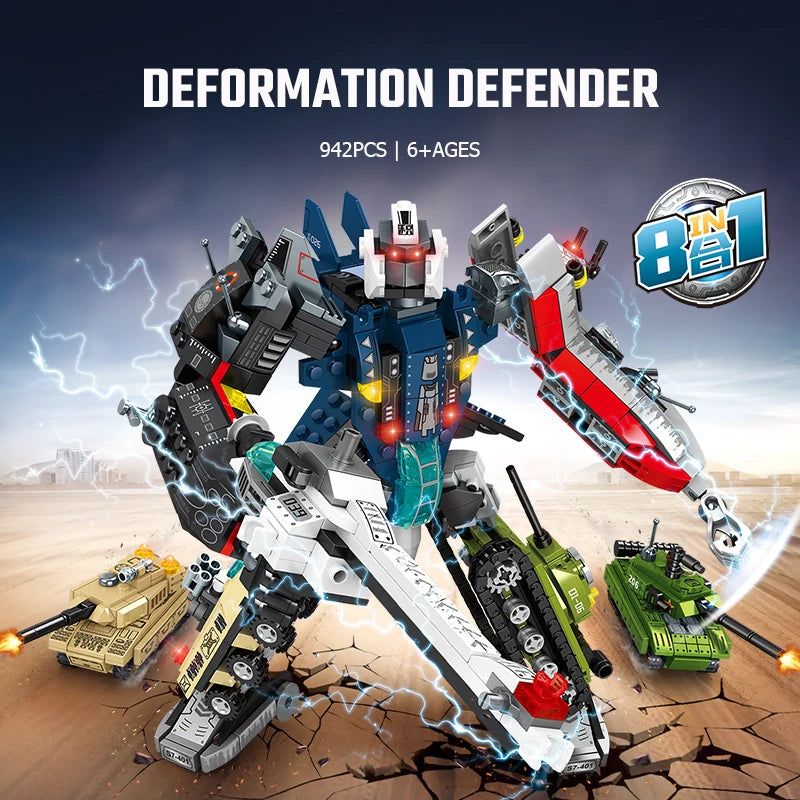 Deformation toy set with multiple forms on a desert background, featuring the brand '8 in 1'.