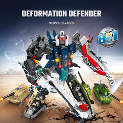 Deformation toy set with multiple forms on a desert background, featuring the brand '8 in 1'.
