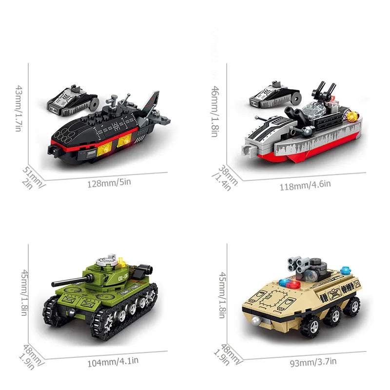 Set of toy vehicles with dimensions labeled on a white background