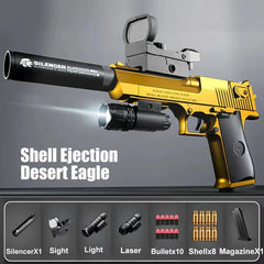 Gold and black desert eagle pistol with silencer and accessories on a gray background