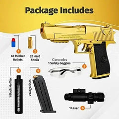 Gold toy gun with packaging list on a yellow background