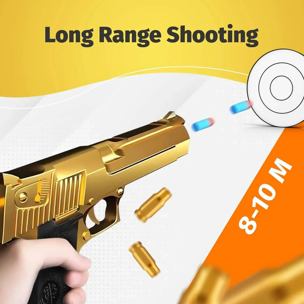 Gold toy gun with bullets and target illustration on a yellow and white background