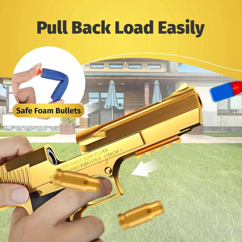 Gold toy gun with safe foam bullets feature on a yellow background