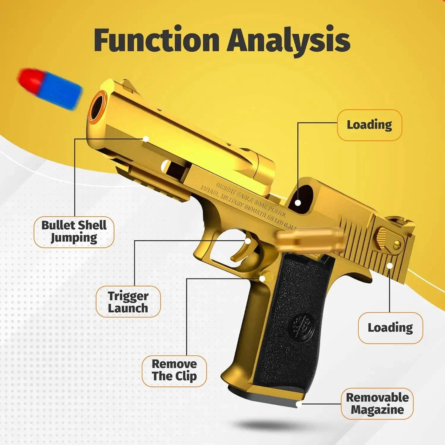 Gold toy gun with labeled functions on a yellow background