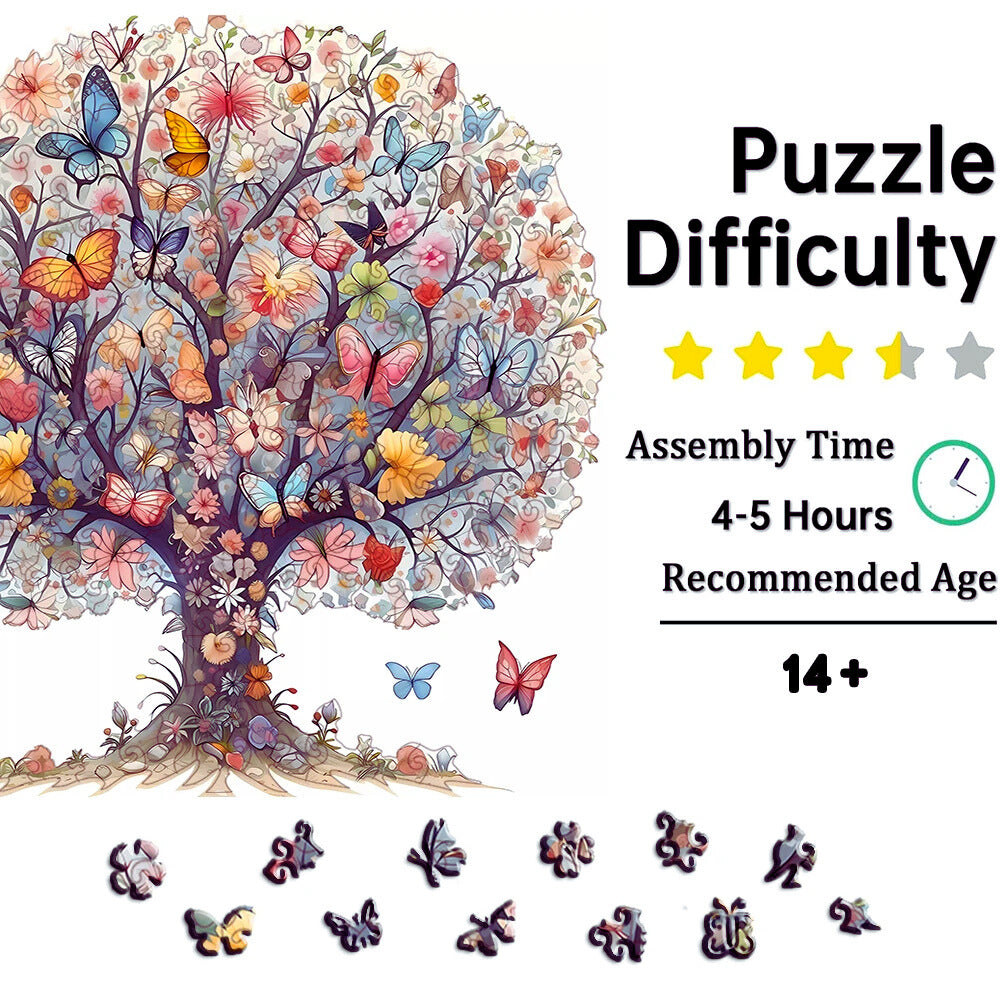 Colorful tree puzzle with butterflies and assembly details on a white background