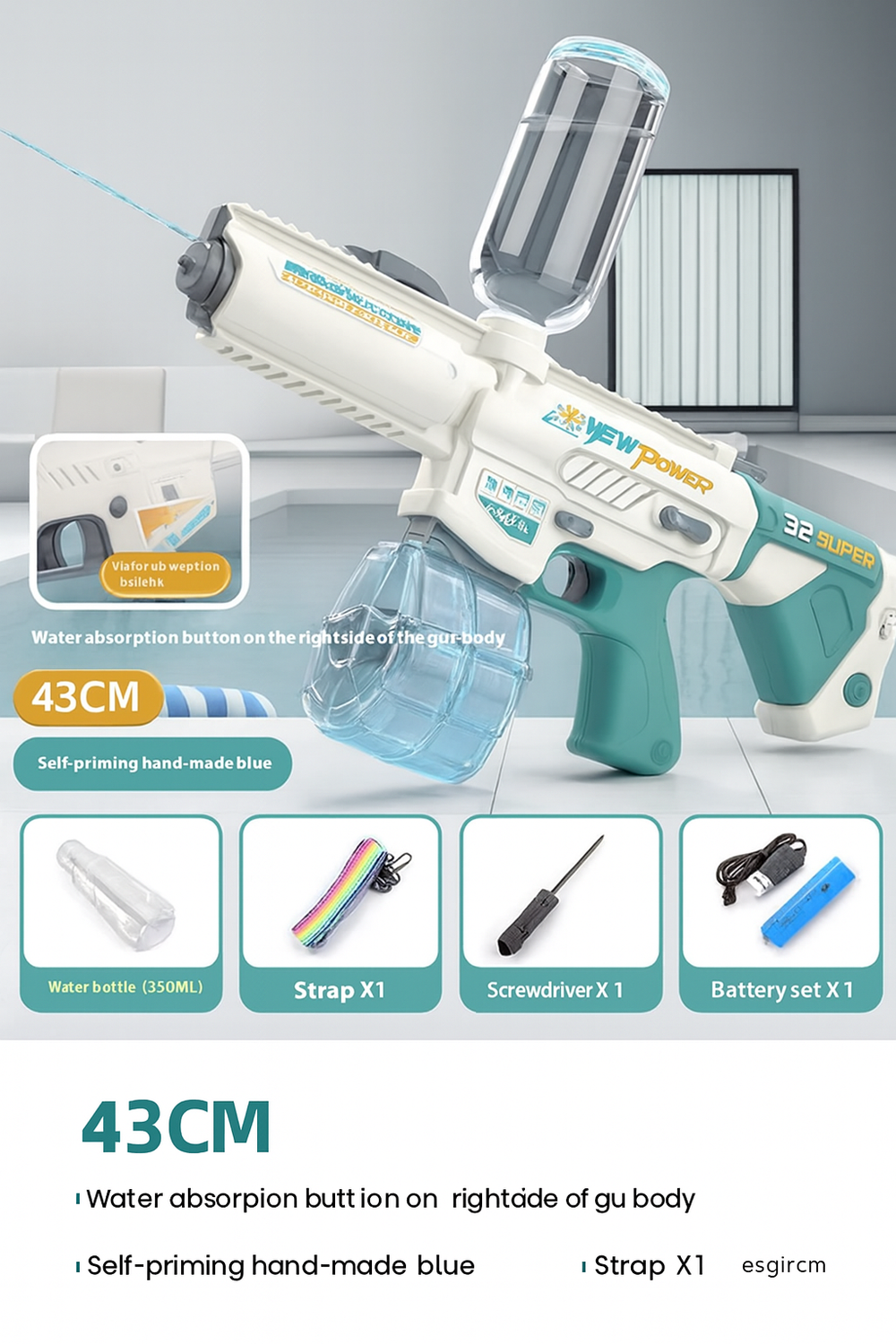 Electric M416 Water Gun Set – Includes Strap, Battery, Screwdriver, and 350ml Water Bottle