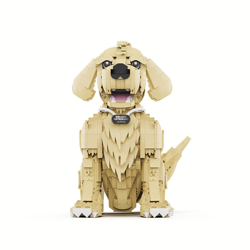Toy dog figure made of interlocking bricks on a white background