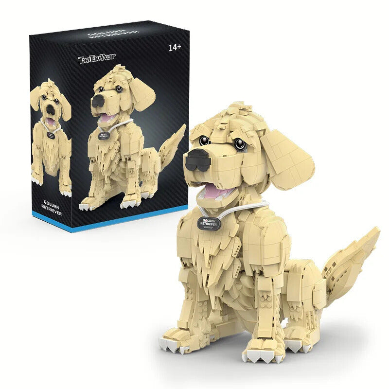 Toy dog model made of interlocking bricks with packaging in the background