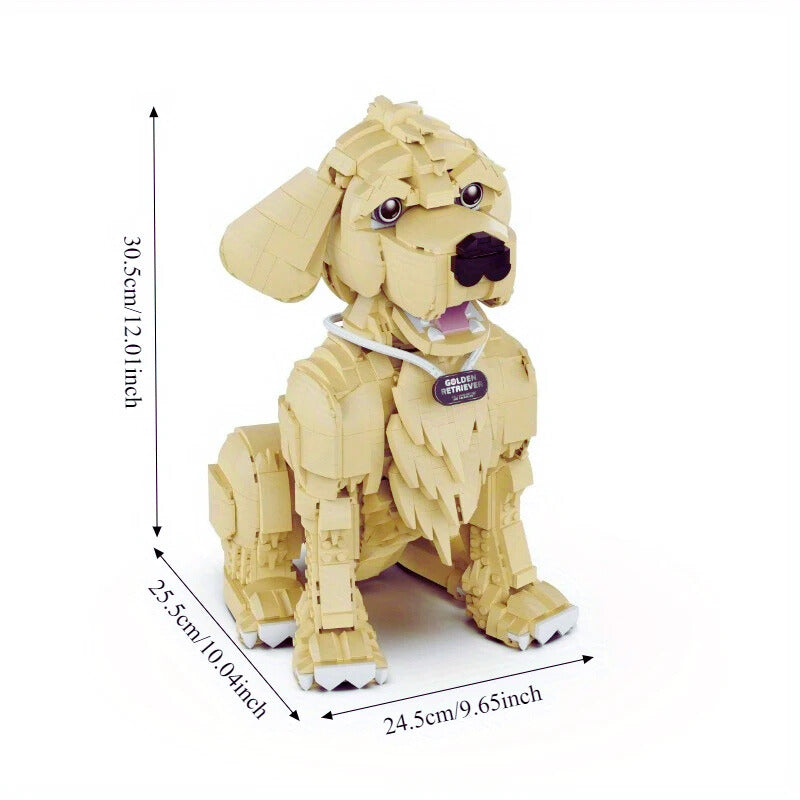 Dog-shaped building block set with measurements on a white background