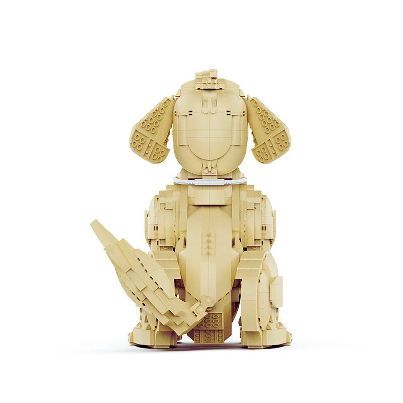 Beige robot-like figure made of interlocking bricks on a white background