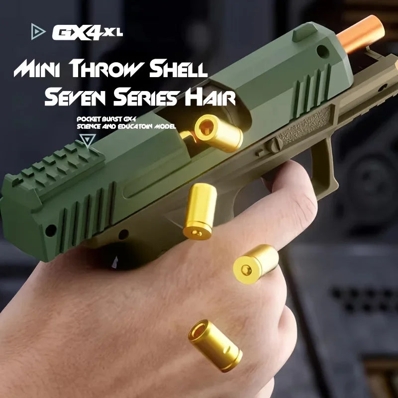 Green toy gun with gold shells held by a hand, brand 'GX4XL' visible