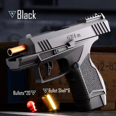 Gray toy gun with 'GX4 XL' branding on a dark background