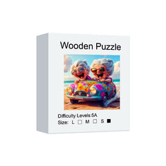 Completed Happy Old Lady wooden puzzle with artistic modern design