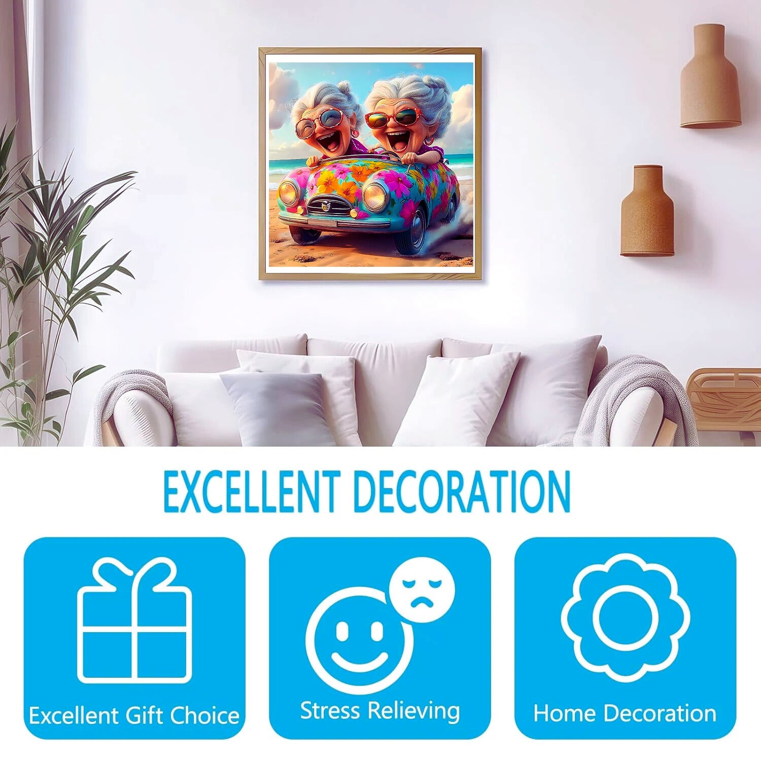 Framed Happy Old Lady puzzle displayed as modern wall art home decor