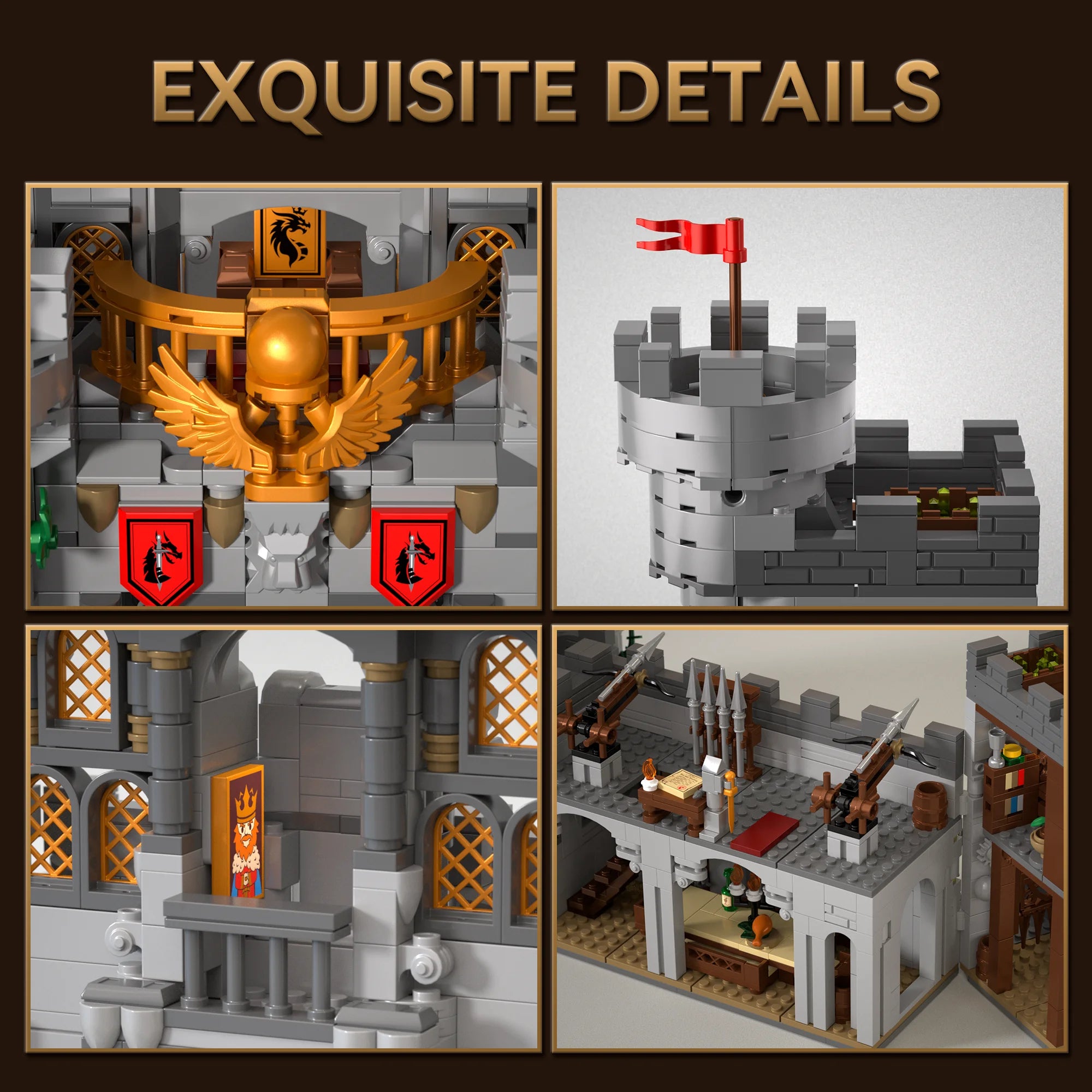 Collage of intricate LEGO models with detailed architecture and design elements.