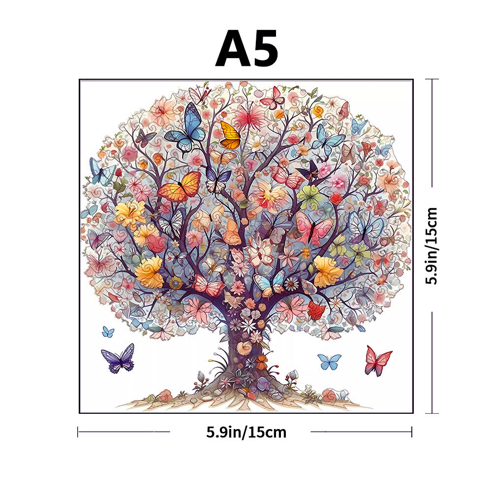 Colorful tree with butterflies and flowers, labeled A5 with dimensions.