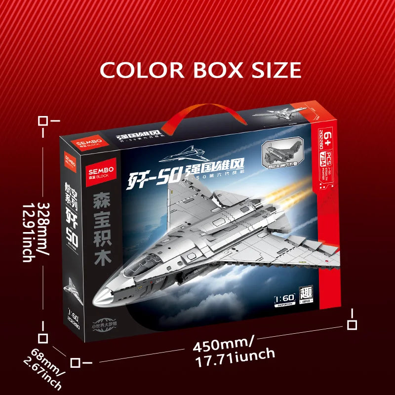 Toy spaceship model packaging with dimensions on a red background