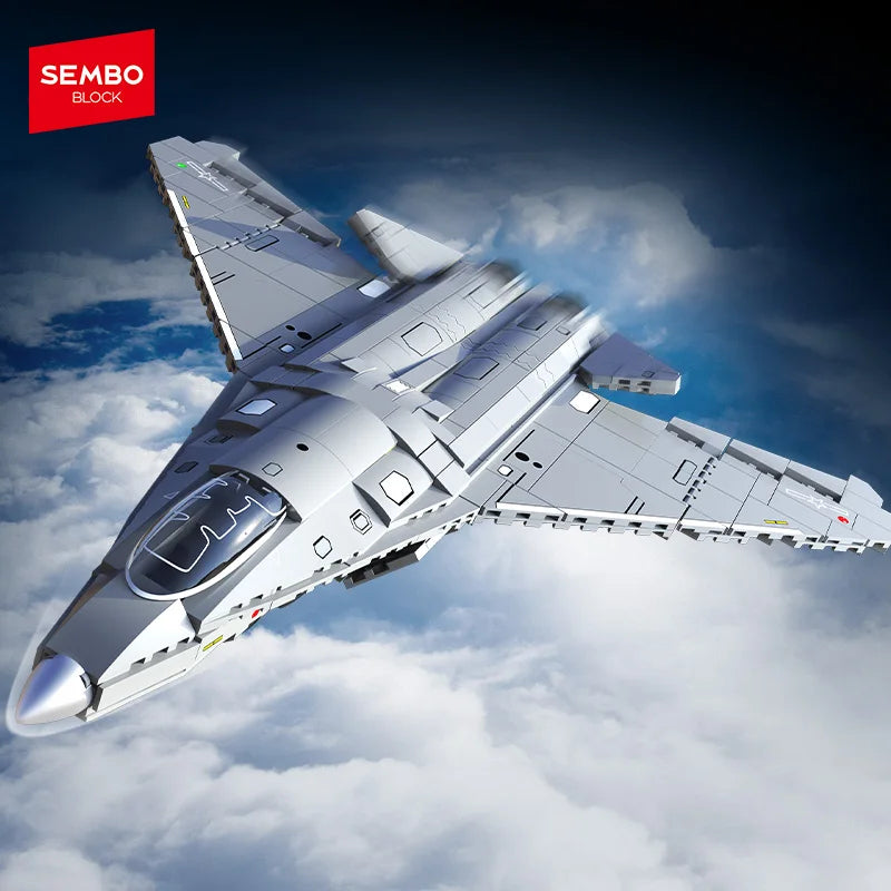 Toy model of a fighter jet flying above clouds with SEMBO BLOCK logo.