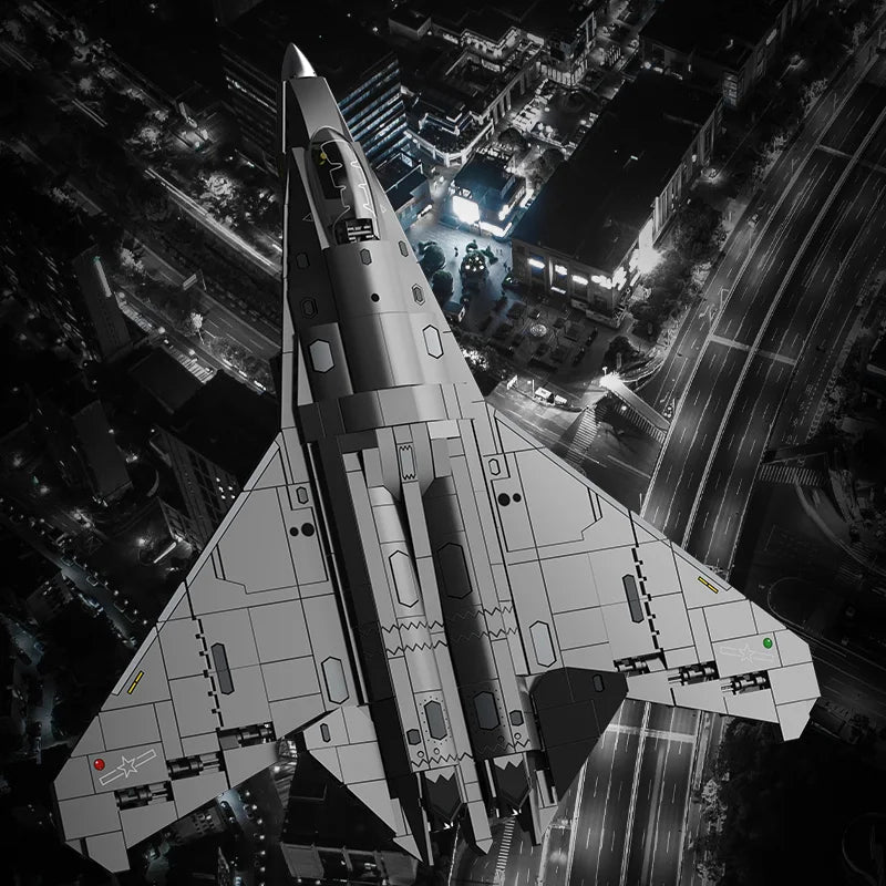 Futuristic fighter jet superimposed on a cityscape at night