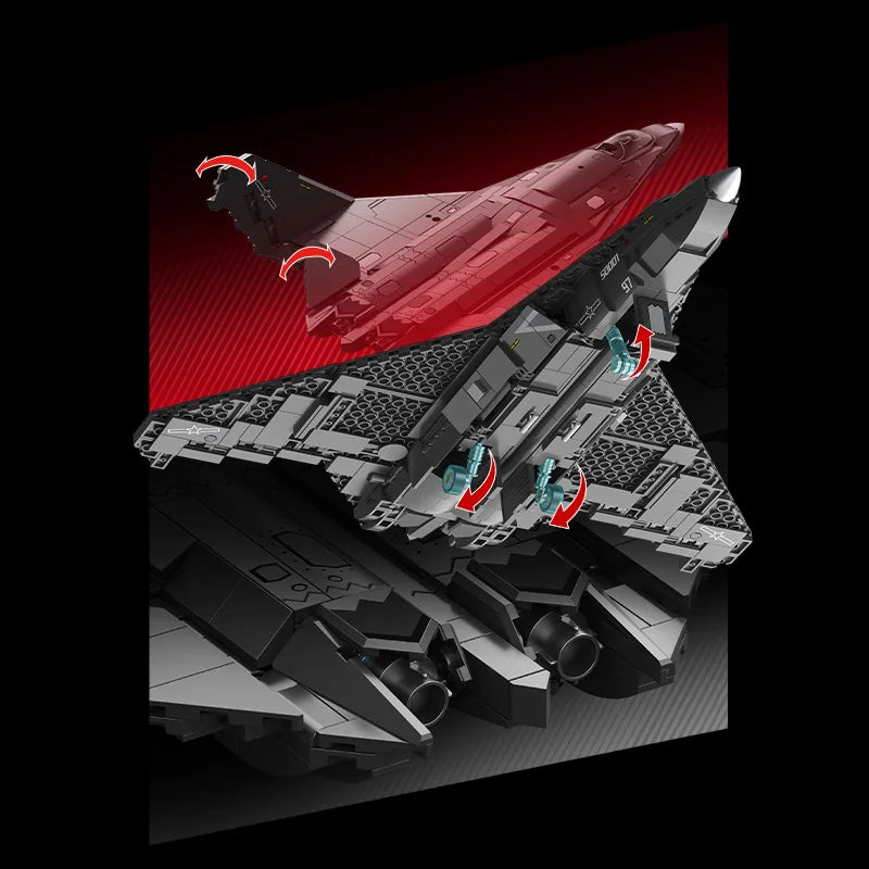 Toy spaceship model with red top section on a black background