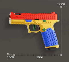Colorful toy gun with measurements on a dark background