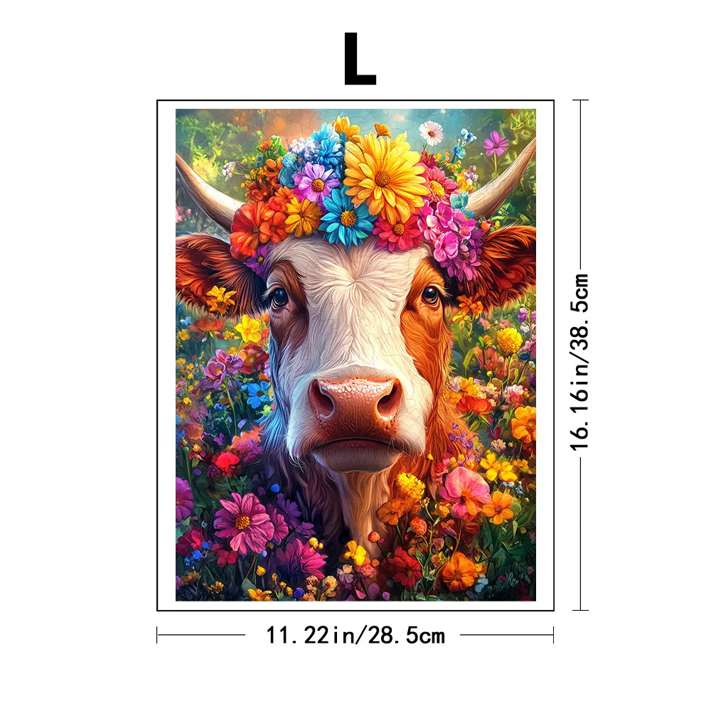 Painting of a cow with a floral headband and measurements on a white background