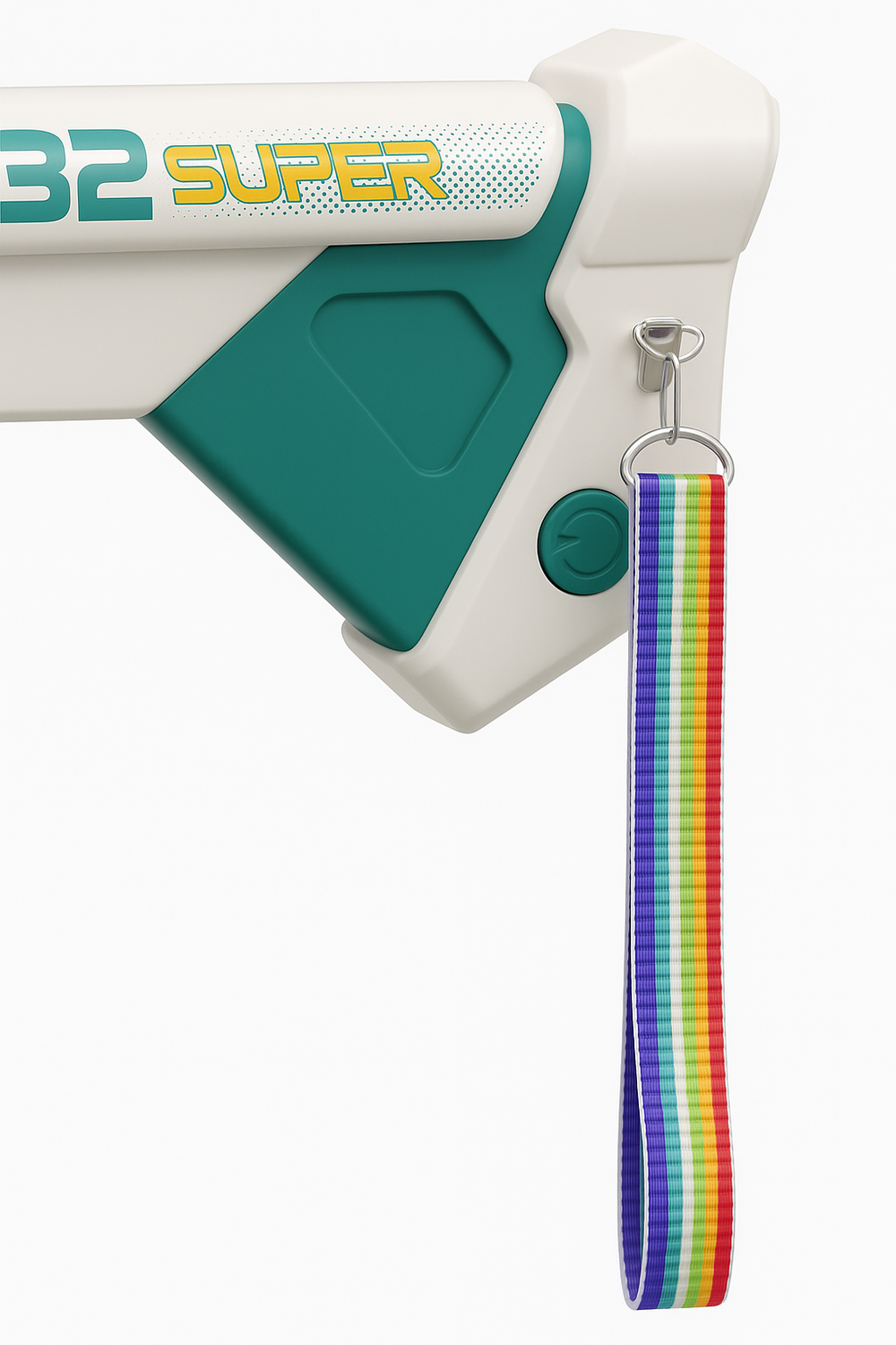 Close-up of M416 Water Gun handle with rainbow carrying strap – 32 SUPER design by Toytto