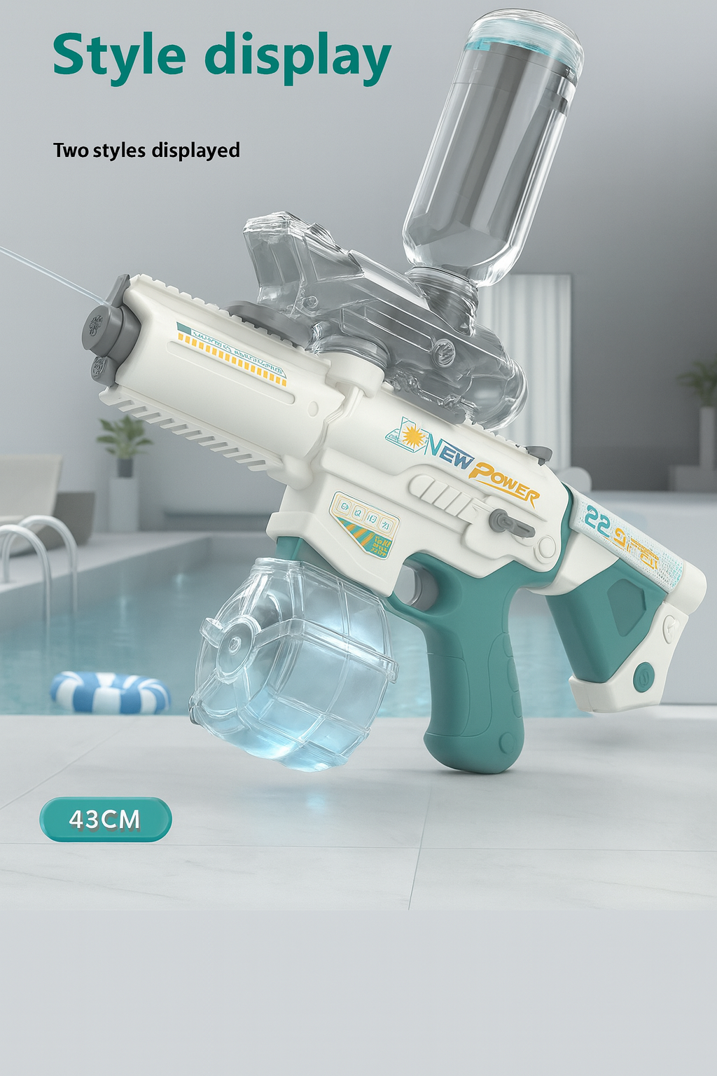 Style display of Electric M416 Water Gun in blue and green models – 43CM Dual-Mode Soaker