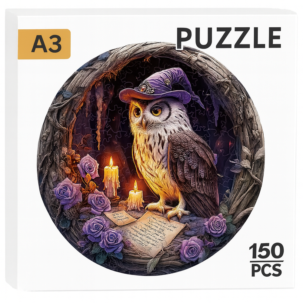 Detailed close-up of wooden owl puzzle with wizard hat, glowing candles, and purple roses.