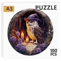Detailed close-up of wooden owl puzzle with wizard hat, glowing candles, and purple roses.