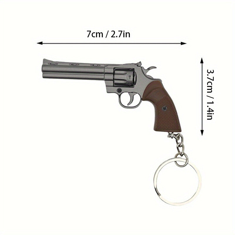 Revolver-shaped keychain with measurement indicators on a white background