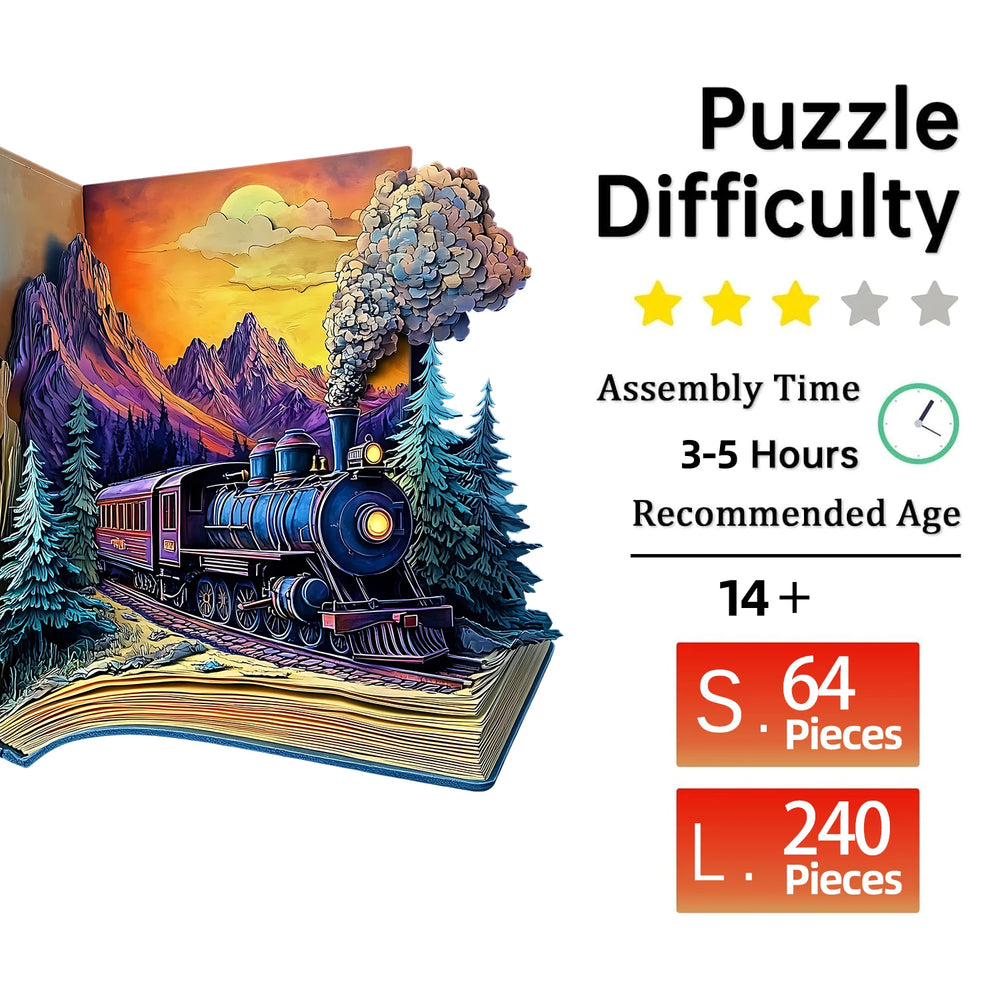 Jigsaw puzzle with train design, difficulty rating, assembly time, and piece count displayed.
