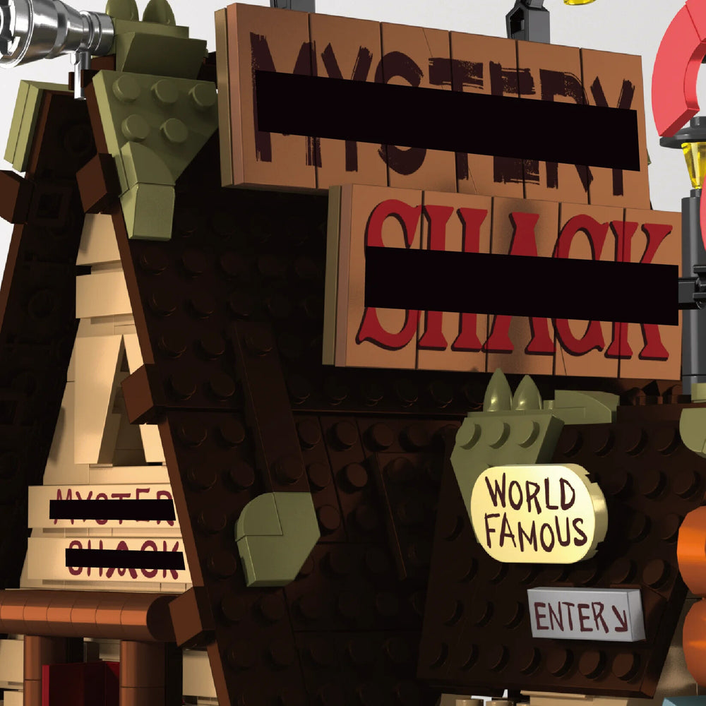 LEGO model of the Mystery Shack from 'The Simpsons' with a brown sign and world famous plaque.