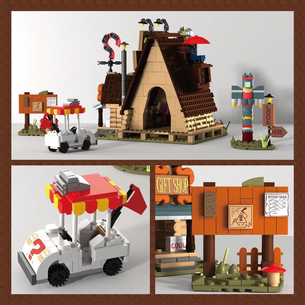Collage of a toy set with a building, car, and gift shop on a white background.