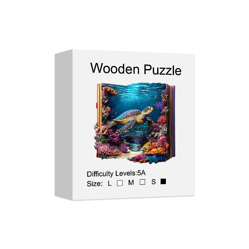 Wooden puzzle packaging with turtle and coral design on a white background