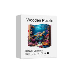 Wooden puzzle packaging with turtle and coral design on a white background