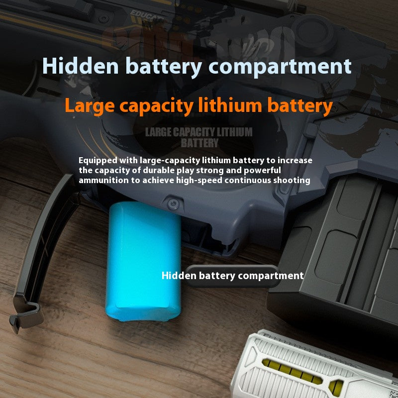 Dart gun with large capacity lithium battery on a wooden surface