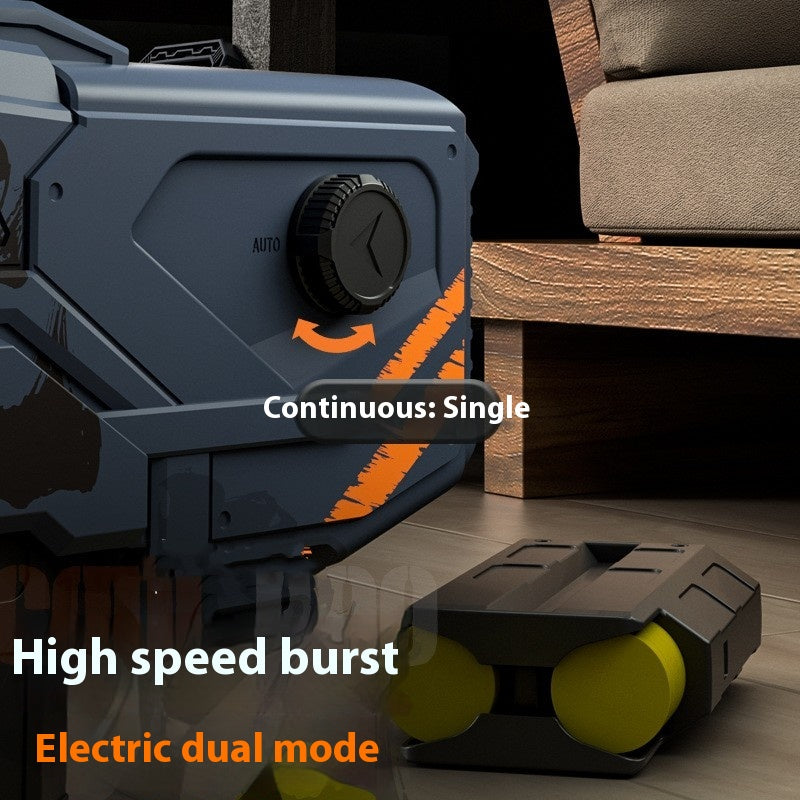 Close-up of a toy gun with text indicating features on a wooden floor.